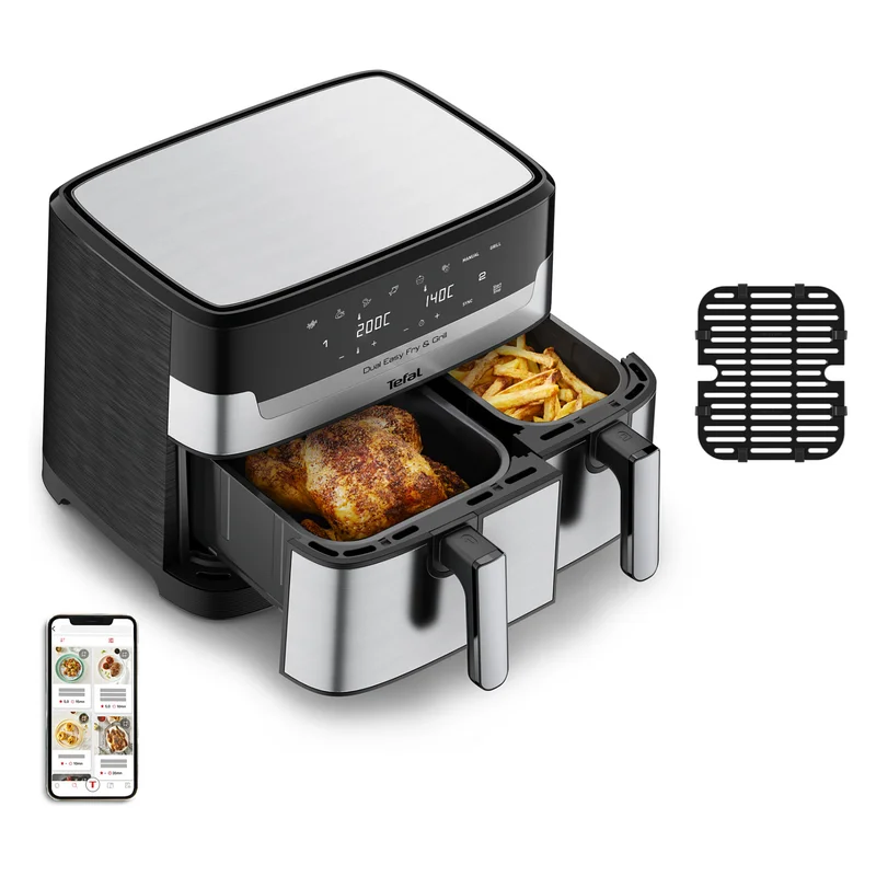 TEFAL Dual Easy Fry & Grill EY905D, Heißluftfritteuse, 8,3 l, Doppel, Edelstahl, Berührung, Eigenständig