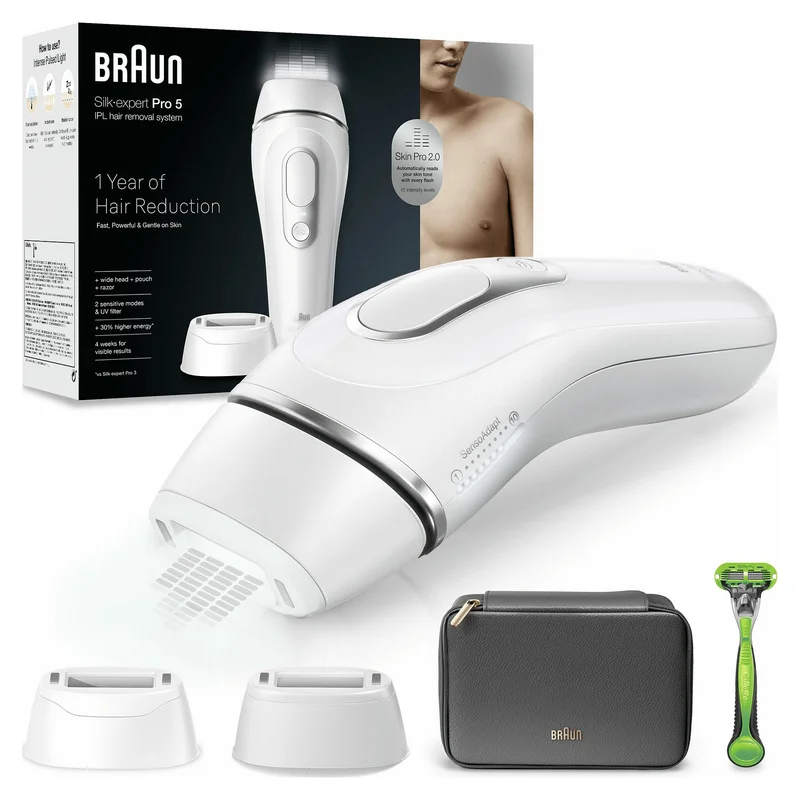 Silk-expert Pro IPL PL5145 (wei/silber, inkl. Tasche + Breiter Aufsatz + Gillette Body Rasierer)